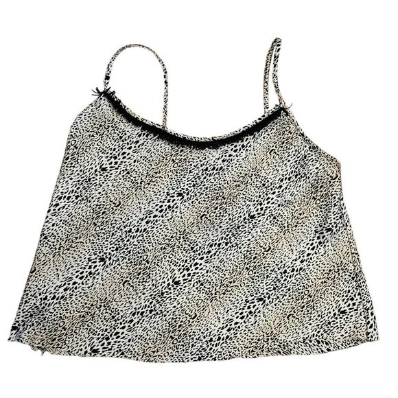 90s Medium Satin Leopard Print Cami‎ Tank Black Suede Fringe Cream Champagne - Picture 6 of 11